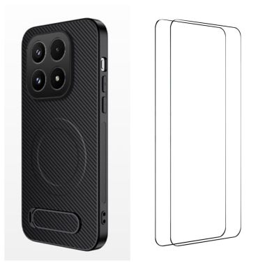 Pack Xiaomi 17 Coque Magnétique Fibre de Carbone avec Support et Verres Trempés