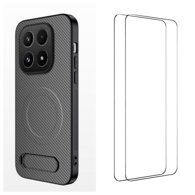 Pack Xiaomi 17 Coque Magnétique Fibre de Carbone avec Support et Verres Trempés