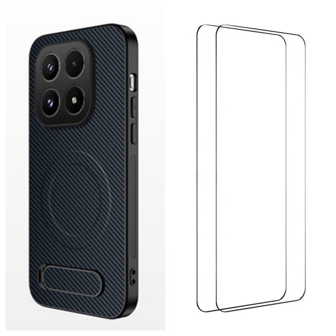 Pack Xiaomi 17 Coque Magnétique Fibre de Carbone avec Support et Verres Trempés