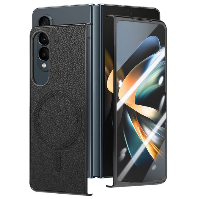 Coque Samsung Galaxy Z Fold 4 simili cuir grain litchi avec anneau aimanté et verre trempé
