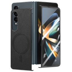 Coque Samsung Galaxy Z Fold 4 simili cuir grain litchi avec anneau aimanté et verre trempé