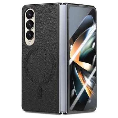 Coque Samsung Galaxy Z Fold 4 simili cuir grain litchi avec anneau aimanté et verre trempé