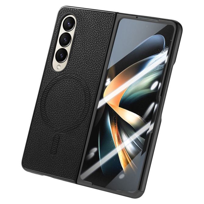 Coque Samsung Galaxy Z Fold 4 simili cuir grain litchi avec anneau aimanté et verre trempé