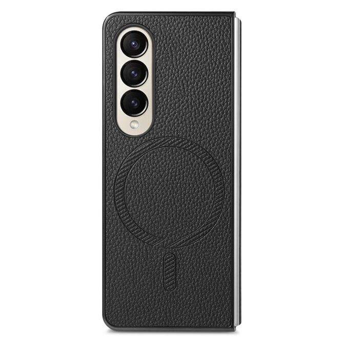 Coque Samsung Galaxy Z Fold 4 simili cuir grain litchi avec anneau aimanté et verre trempé