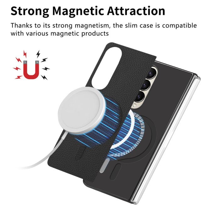 Coque Samsung Galaxy Z Fold 4 simili cuir grain litchi avec anneau aimanté et verre trempé