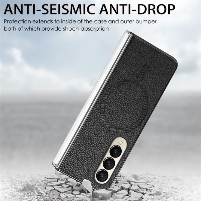 Coque Samsung Galaxy Z Fold 4 simili cuir grain litchi avec anneau aimanté et verre trempé