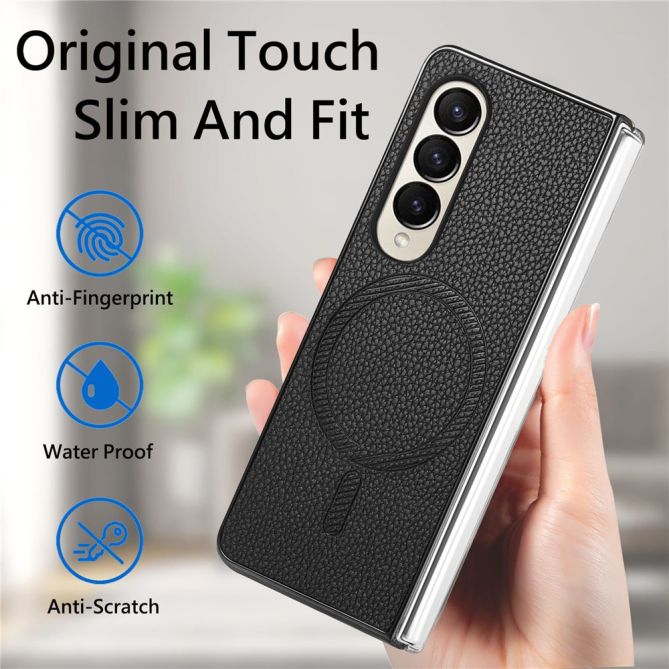 Coque Samsung Galaxy Z Fold 4 simili cuir grain litchi avec anneau aimanté et verre trempé