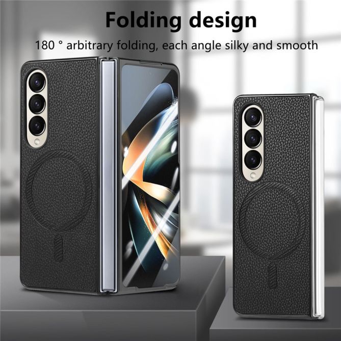 Coque Samsung Galaxy Z Fold 4 simili cuir grain litchi avec anneau aimanté et verre trempé