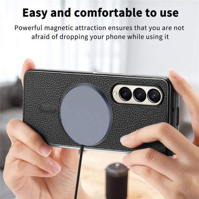 Coque Samsung Galaxy Z Fold 4 simili cuir grain litchi avec anneau aimanté et verre trempé
