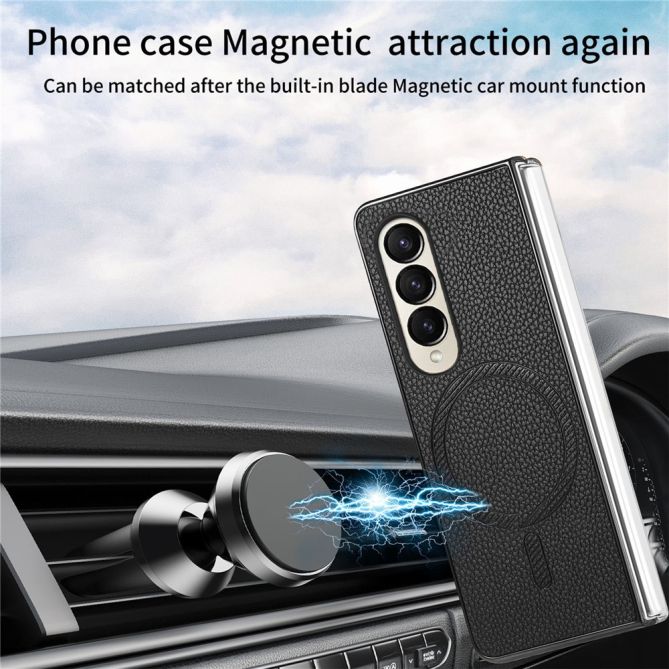 Coque Samsung Galaxy Z Fold 4 simili cuir grain litchi avec anneau aimanté et verre trempé