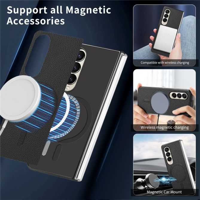 Coque Samsung Galaxy Z Fold 4 simili cuir grain litchi avec anneau aimanté et verre trempé
