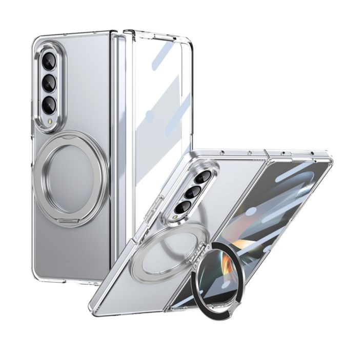 Coque Samsung Galaxy Z Fold 4 transparente avec anneau rotatif aimanté et verre trempé