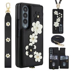 Coque Samsung Galaxy Z Fold 4 simili cuir fleurs en relief avec dragonne et lanière épaule