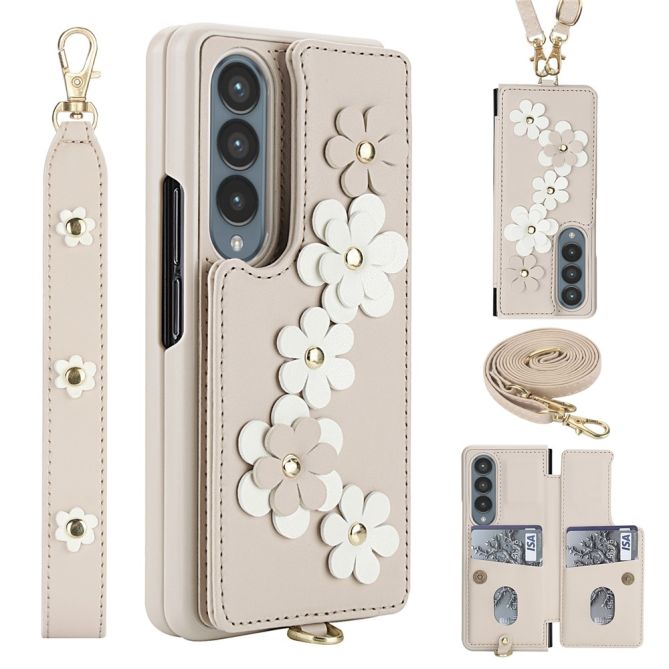 Coque Samsung Galaxy Z Fold 4 simili cuir fleurs en relief avec dragonne et lanière épaule