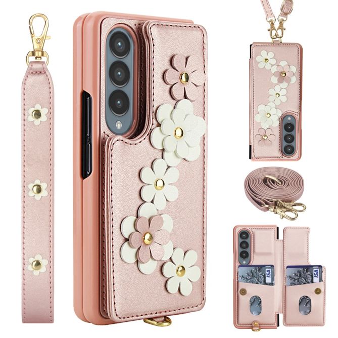 Coque Samsung Galaxy Z Fold 4 simili cuir fleurs en relief avec dragonne et lanière épaule