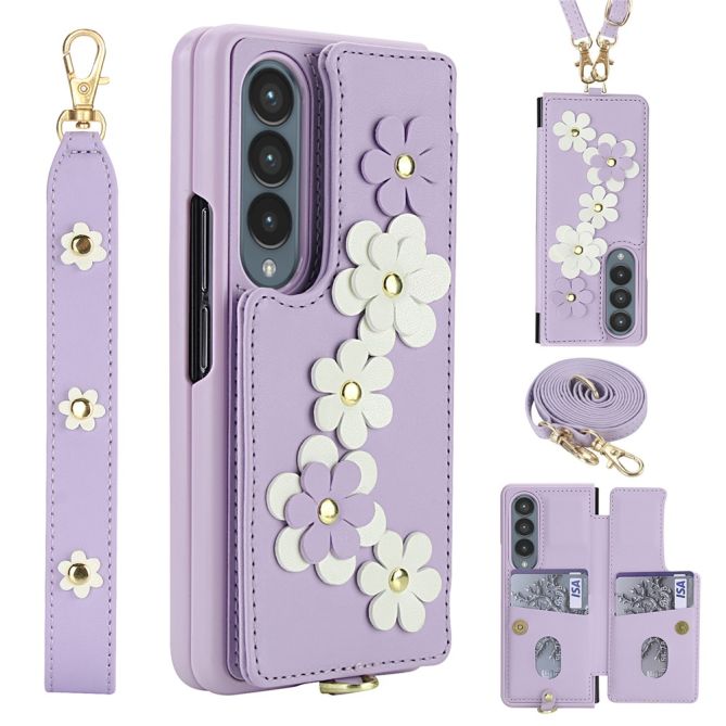 Coque Samsung Galaxy Z Fold 4 simili cuir fleurs en relief avec dragonne et lanière épaule
