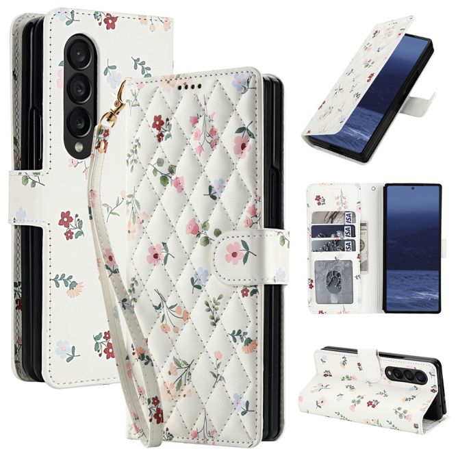 Housse Samsung Galaxy Z Fold 4 à rabat matelassée bouquet champêtre avec dragonne