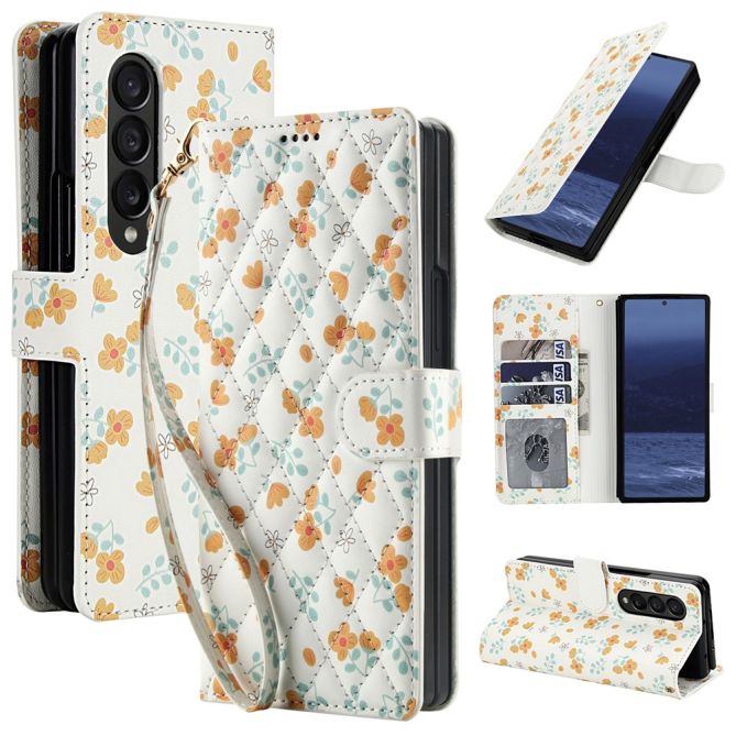Housse Samsung Galaxy Z Fold 4 à rabat matelassée bouquet champêtre avec dragonne