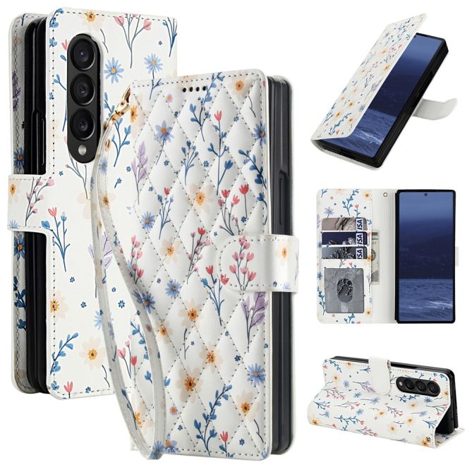 Housse Samsung Galaxy Z Fold 4 à rabat matelassée bouquet champêtre avec dragonne