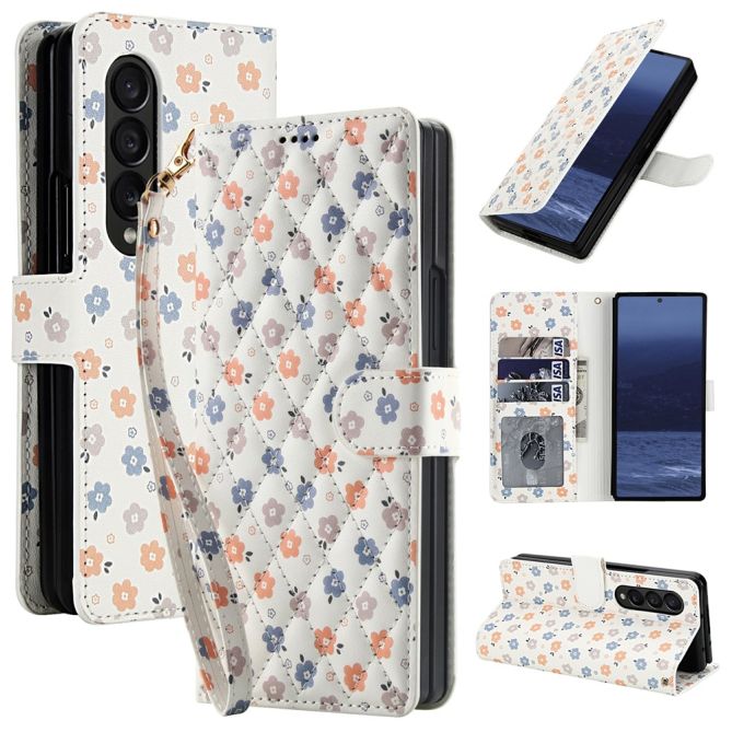 Housse Samsung Galaxy Z Fold 4 à rabat matelassée bouquet champêtre avec dragonne