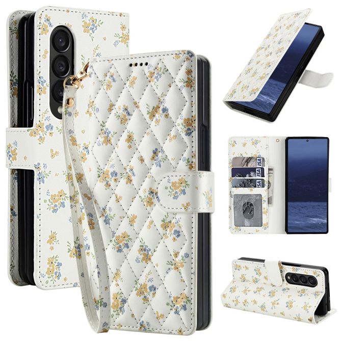 Housse Samsung Galaxy Z Fold 4 à rabat matelassée bouquet champêtre avec dragonne
