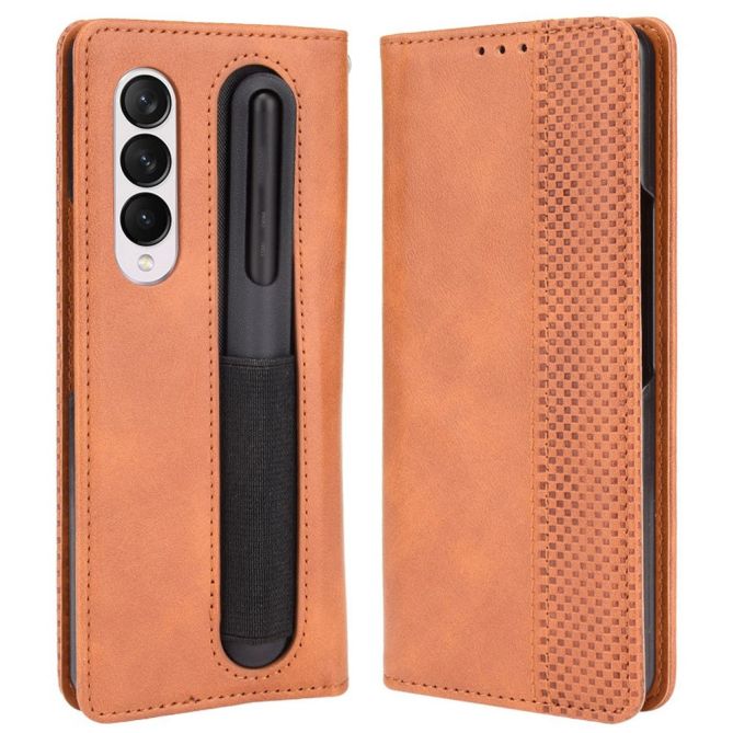 For Samsung Galaxy Z Fold4 5G Phone Case Retro Textured Shockproof Cover Leather Phone Case with Pen Slot