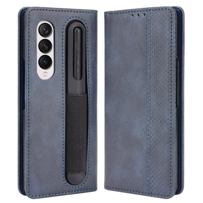 For Samsung Galaxy Z Fold4 5G Phone Case Retro Textured Shockproof Cover Leather Phone Case with Pen Slot