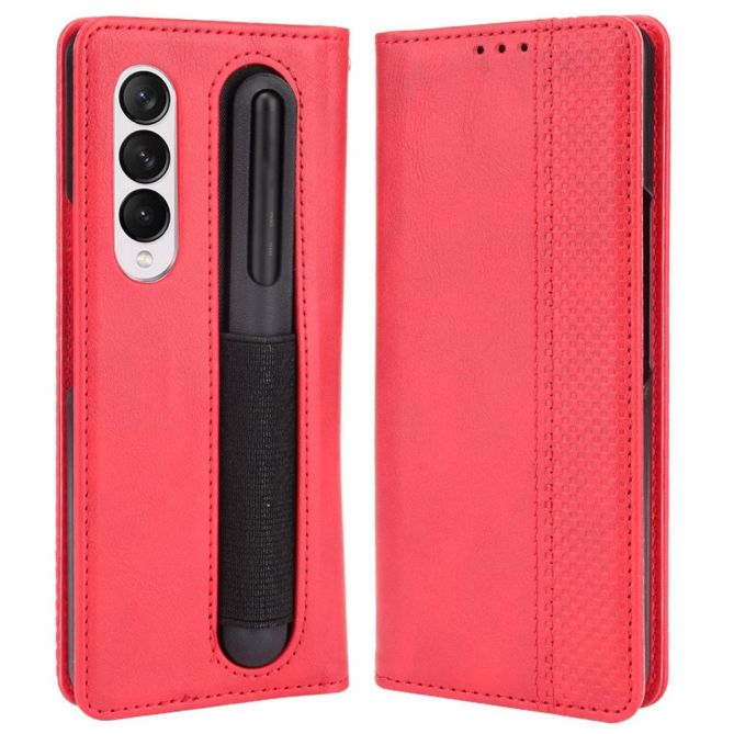 For Samsung Galaxy Z Fold4 5G Phone Case Retro Textured Shockproof Cover Leather Phone Case with Pen Slot
