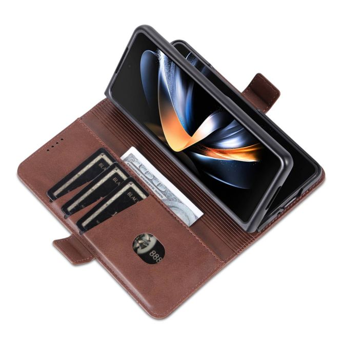 AZNS For Samsung Galaxy Z Fold4 5G Cowhide Texture PU Leather Wallet Cover Dual Magnetic Clasp Phone Case