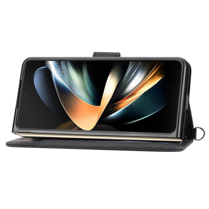 For Samsung Galaxy Z Fold4 5G Imprinted Flowers Skin-touch PU Leather Cover Wallet Stand Folding Phone Case with Shoulder Strap