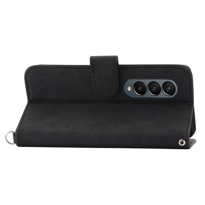 For Samsung Galaxy Z Fold4 5G Imprinted Flowers Skin-touch PU Leather Cover Wallet Stand Folding Phone Case with Shoulder Strap