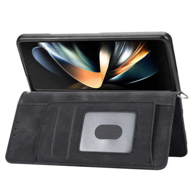 For Samsung Galaxy Z Fold4 5G Imprinted Flowers Skin-touch PU Leather Cover Wallet Stand Folding Phone Case with Shoulder Strap
