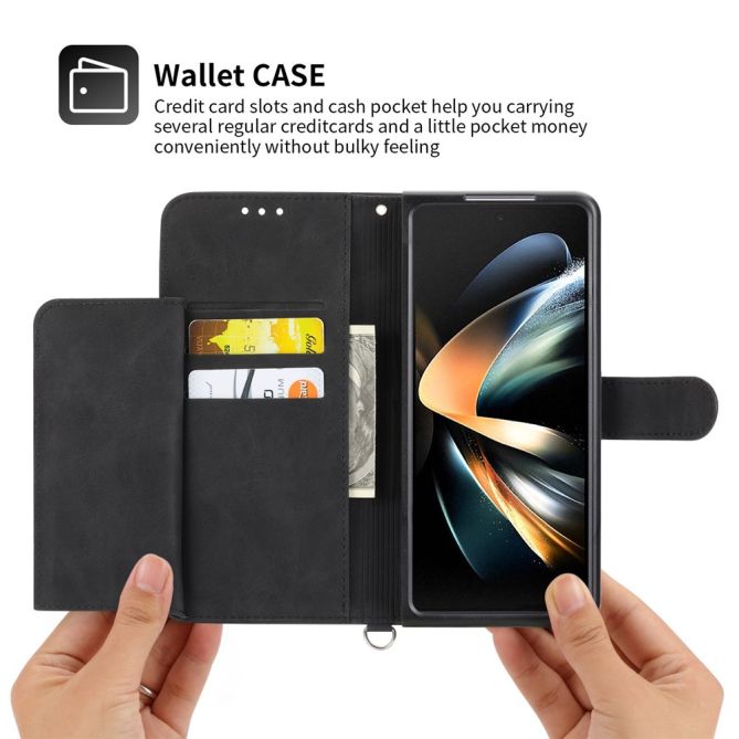 For Samsung Galaxy Z Fold4 5G Imprinted Flowers Skin-touch PU Leather Cover Wallet Stand Folding Phone Case with Shoulder Strap