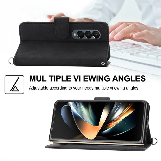 For Samsung Galaxy Z Fold4 5G Imprinted Flowers Skin-touch PU Leather Cover Wallet Stand Folding Phone Case with Shoulder Strap