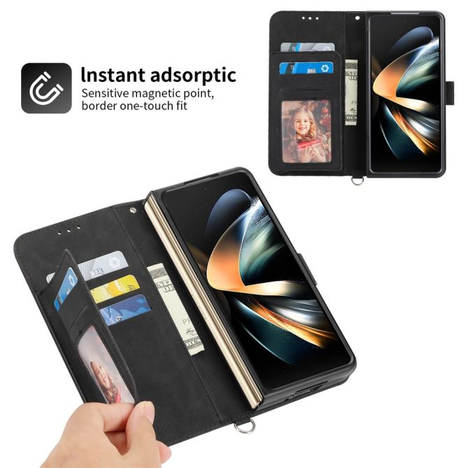 For Samsung Galaxy Z Fold4 5G Imprinted Flowers Skin-touch PU Leather Cover Wallet Stand Folding Phone Case with Shoulder Strap