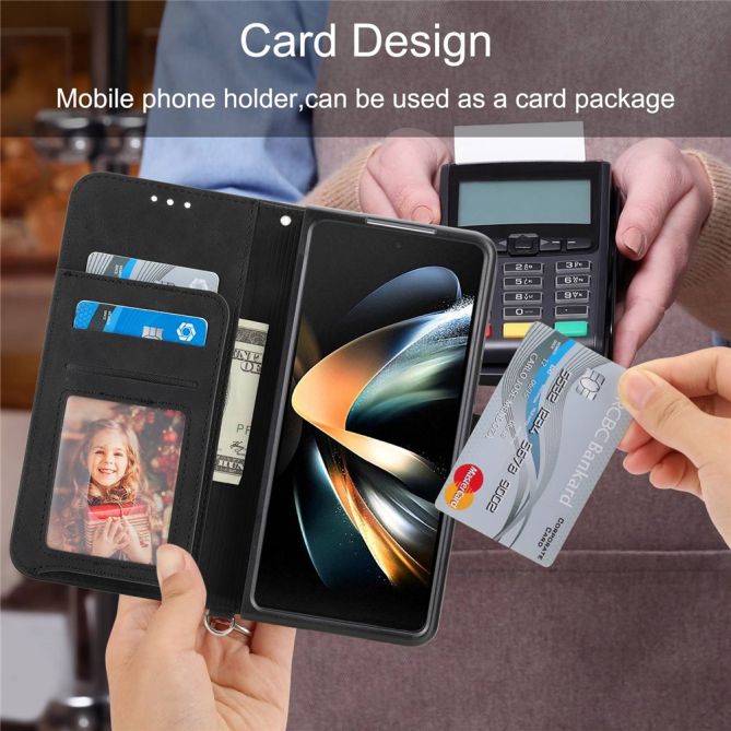 For Samsung Galaxy Z Fold4 5G Imprinted Flowers Skin-touch PU Leather Cover Wallet Stand Folding Phone Case with Shoulder Strap