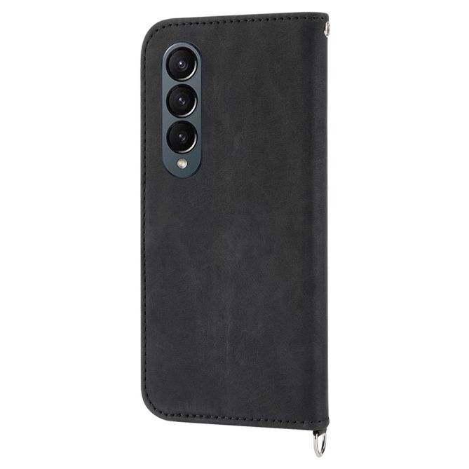 For Samsung Galaxy Z Fold4 5G Imprinted Flowers Skin-touch PU Leather Cover Wallet Stand Folding Phone Case with Shoulder Strap