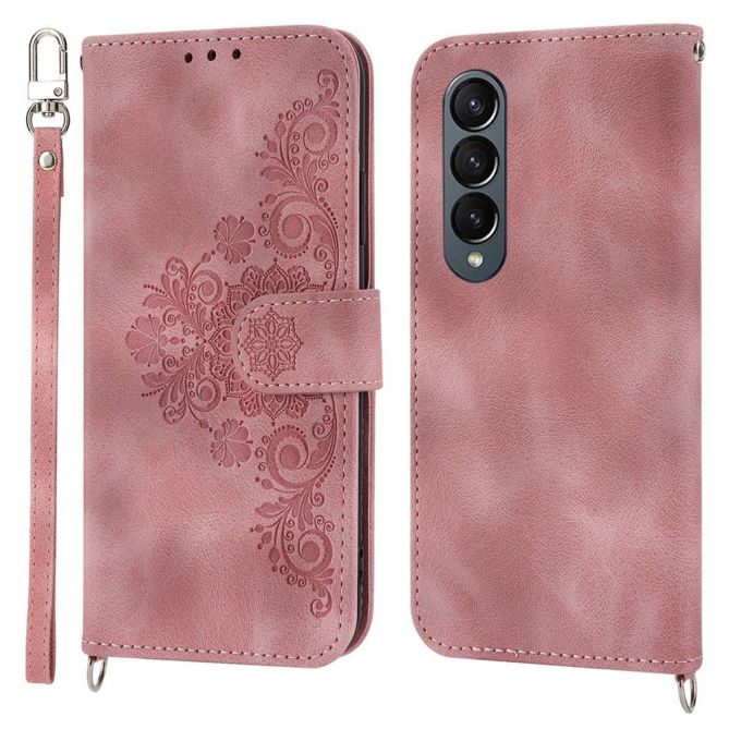 For Samsung Galaxy Z Fold4 5G Imprinted Flowers Skin-touch PU Leather Cover Wallet Stand Folding Phone Case with Shoulder Strap