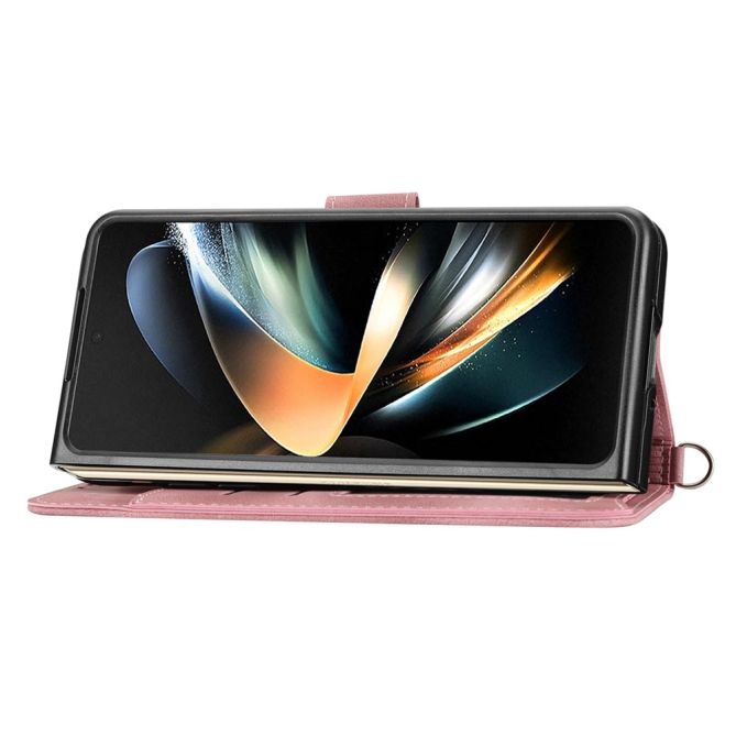 For Samsung Galaxy Z Fold4 5G Imprinted Flowers Skin-touch PU Leather Cover Wallet Stand Folding Phone Case with Shoulder Strap