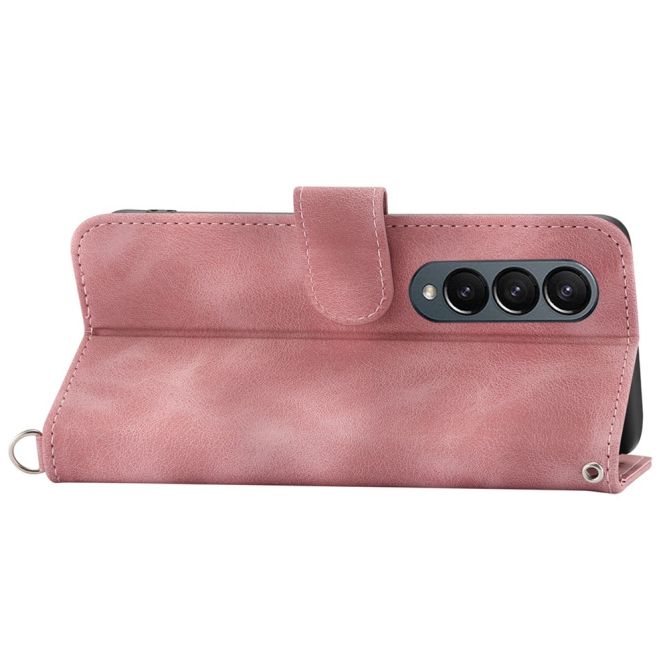 For Samsung Galaxy Z Fold4 5G Imprinted Flowers Skin-touch PU Leather Cover Wallet Stand Folding Phone Case with Shoulder Strap