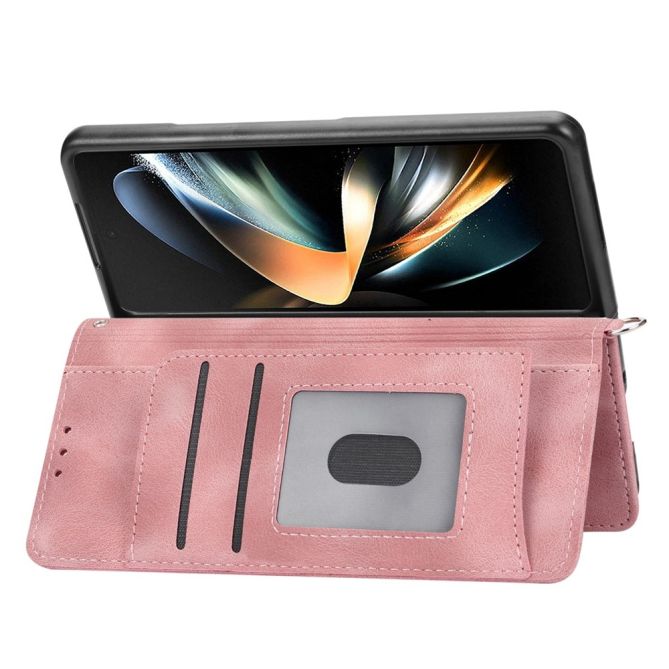 For Samsung Galaxy Z Fold4 5G Imprinted Flowers Skin-touch PU Leather Cover Wallet Stand Folding Phone Case with Shoulder Strap