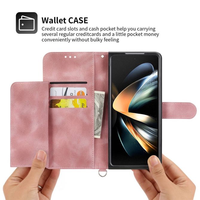 For Samsung Galaxy Z Fold4 5G Imprinted Flowers Skin-touch PU Leather Cover Wallet Stand Folding Phone Case with Shoulder Strap