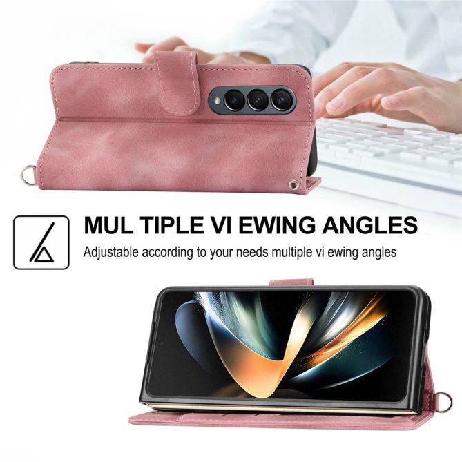 For Samsung Galaxy Z Fold4 5G Imprinted Flowers Skin-touch PU Leather Cover Wallet Stand Folding Phone Case with Shoulder Strap