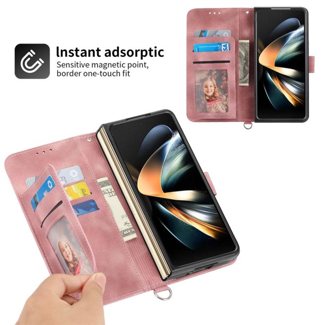 For Samsung Galaxy Z Fold4 5G Imprinted Flowers Skin-touch PU Leather Cover Wallet Stand Folding Phone Case with Shoulder Strap