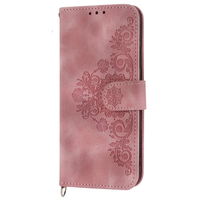 For Samsung Galaxy Z Fold4 5G Imprinted Flowers Skin-touch PU Leather Cover Wallet Stand Folding Phone Case with Shoulder Strap