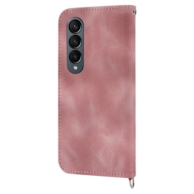For Samsung Galaxy Z Fold4 5G Imprinted Flowers Skin-touch PU Leather Cover Wallet Stand Folding Phone Case with Shoulder Strap