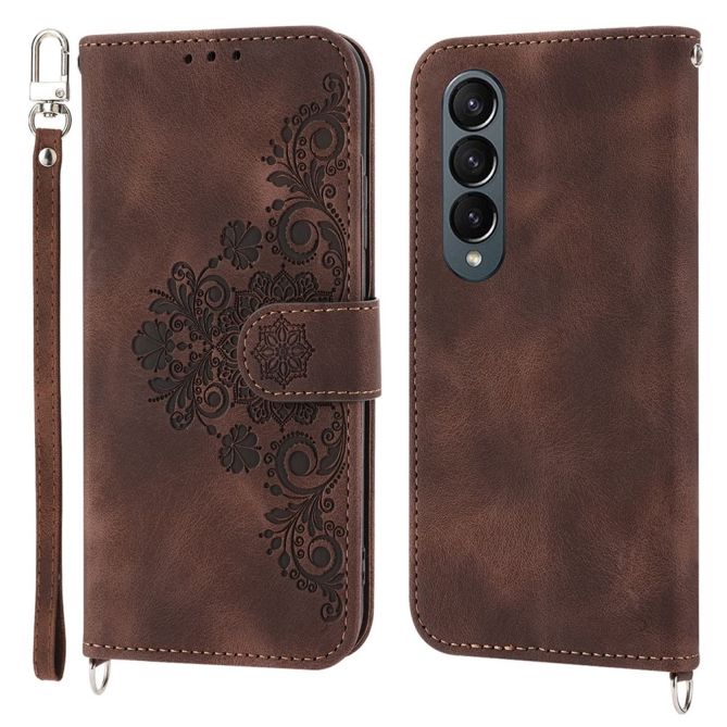 For Samsung Galaxy Z Fold4 5G Imprinted Flowers Skin-touch PU Leather Cover Wallet Stand Folding Phone Case with Shoulder Strap