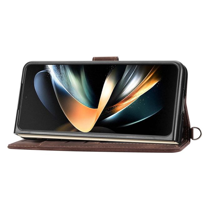 For Samsung Galaxy Z Fold4 5G Imprinted Flowers Skin-touch PU Leather Cover Wallet Stand Folding Phone Case with Shoulder Strap