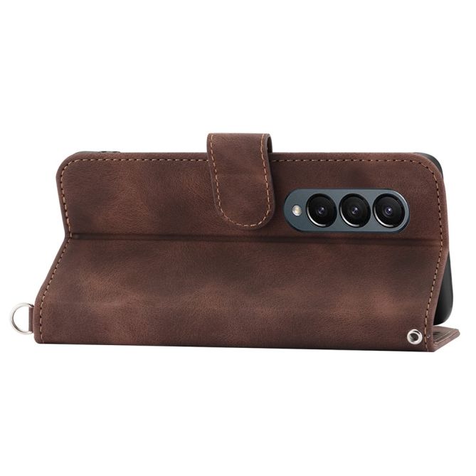 For Samsung Galaxy Z Fold4 5G Imprinted Flowers Skin-touch PU Leather Cover Wallet Stand Folding Phone Case with Shoulder Strap