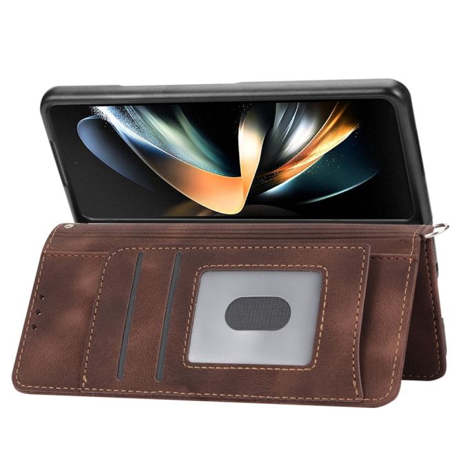 For Samsung Galaxy Z Fold4 5G Imprinted Flowers Skin-touch PU Leather Cover Wallet Stand Folding Phone Case with Shoulder Strap